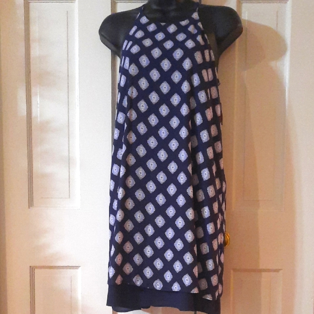 Navy and White Patterned Halter Dress - Women Size: Small - Brand: Pink Rose